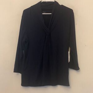 Grace navy blue long sleeve knit blouse with front tie/ twist Size XL NWT